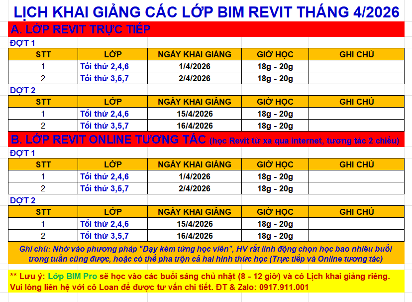 LỊCH KHAI GIẢNG CÁC KHÓA HỌC REVIT